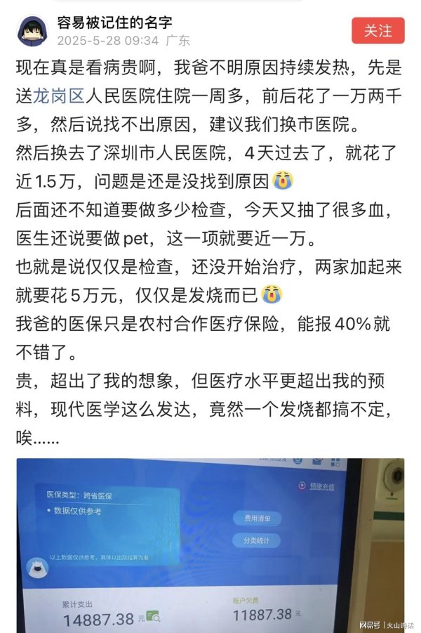宇奇配资 看病贵啊！深圳网友哭诉，父亲持续发热，仅仅检查就花了5万多了
